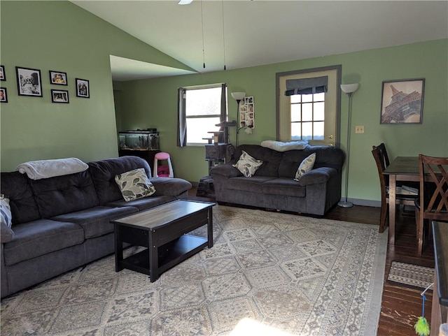 4182 Dresser Rd, Shelby, NY 14103 - living room with wood finished floors, lofted ceiling, and a ceiling fan