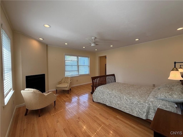 320 W 3rd St, Oswego-City, NY 13126 - bedroom with light wood-type flooring, recessed lighting, ornamental molding, and ceiling fan