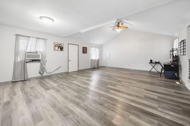 9 Lawrence Ave, New Hartford, NY 13413 - unfurnished living room with ceiling fan, cooling unit, vaulted ceiling, and light wood-type flooring