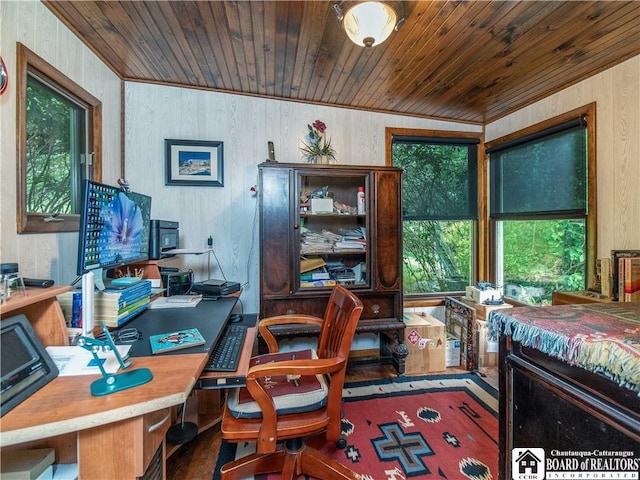 5152 John Darling Rd, Conowingo, NY 14726 - office area with plenty of natural light, wooden ceiling, wood walls, and wood finished floors