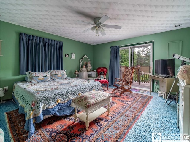 5152 John Darling Rd, Conowingo, NY 14726 - bedroom with access to outside, ceiling fan, and carpet floors