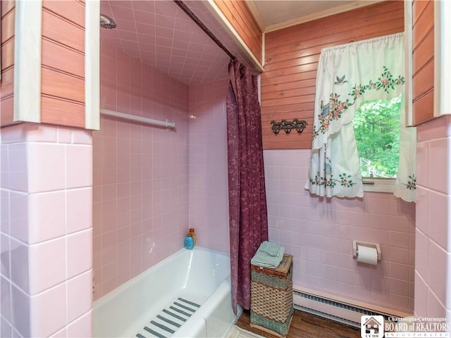5152 John Darling Rd, Conowingo, NY 14726 - full bathroom featuring baseboard heating, shower / tub combo, tile walls, and ornamental molding