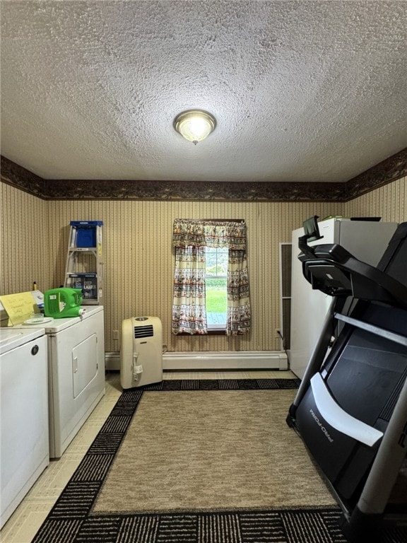 66 W Benton Ave, Port Allegany Boro, PA 16743 - laundry room featuring washer and clothes dryer, a textured ceiling, baseboard heating, and wallpapered walls