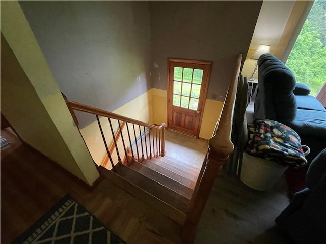 286 Hidden Hollow Farm Dr, Wharton, PA 16720 - staircase featuring wood finished floors and a wainscoted wall
