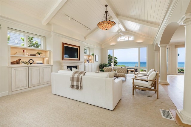 468 Lake Rd, Webster, NY 14580 - living area featuring ornate columns, arched walkways, a ceiling fan, plenty of natural light, and wood ceiling