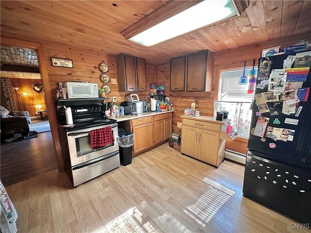 5767 W Main St, West Turin, NY 13325 - kitchen featuring electric stove, white microwave, wood walls, wood ceiling, and light wood finished floors