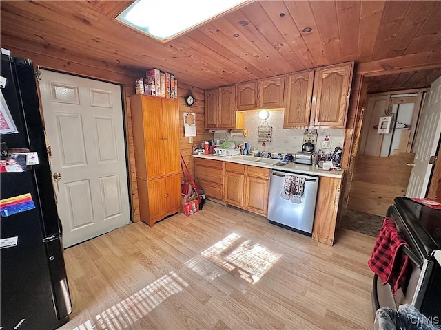 5767 W Main St, West Turin, NY 13325 - kitchen featuring stainless steel dishwasher, light wood finished floors, light countertops, stove, and wooden ceiling