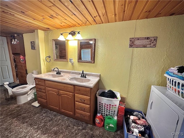 5767 W Main St, West Turin, NY 13325 - bathroom featuring a textured wall, wooden ceiling, and double vanity