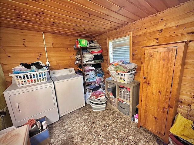 5767 W Main St, West Turin, NY 13325 - laundry room featuring washer and clothes dryer, wooden walls, and wooden ceiling
