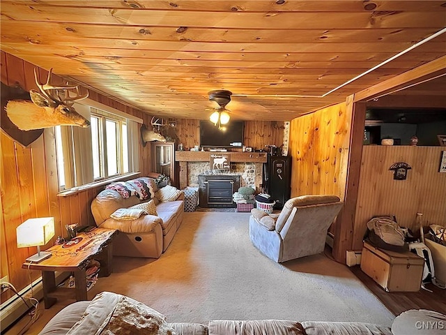 5767 W Main St, West Turin, NY 13325 - living room featuring wood walls, wood ceiling, a baseboard heating unit, and ceiling fan