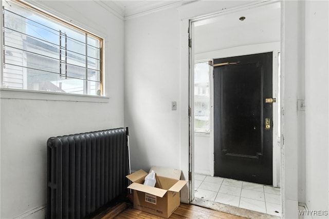 49 Urban St, Buffalo, NY 14211 - entryway with radiator heating unit, ornamental molding, and wood finished floors