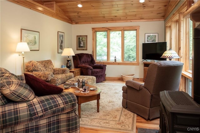 105 Garmon Ave, Webb, NY 13420 - living room featuring wood ceiling, lofted ceiling, recessed lighting, and wood finished floors