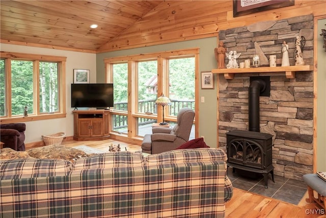105 Garmon Ave, Webb, NY 13420 - living room featuring vaulted ceiling, a wood stove, healthy amount of natural light, wood finished floors, and wood ceiling