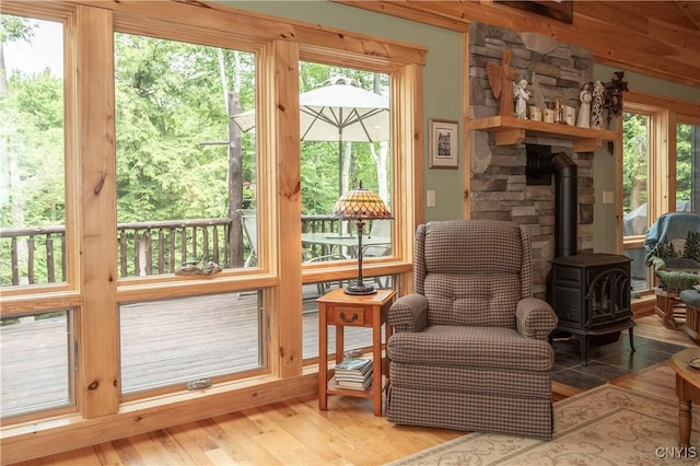 105 Garmon Ave, Webb, NY 13420 - doorway to outside featuring a wood stove and wood finished floors