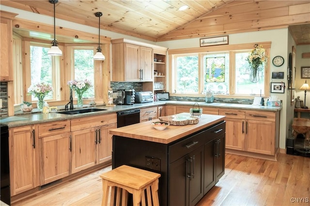 105 Garmon Ave, Webb, NY 13420 - kitchen featuring wood counters, black dishwasher, light brown cabinetry, wooden ceiling, and vaulted ceiling