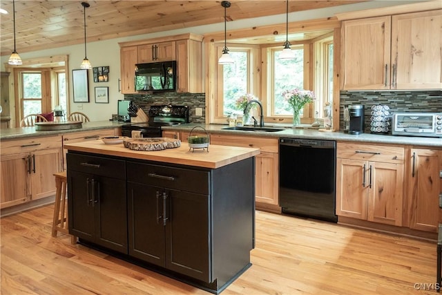105 Garmon Ave, Webb, NY 13420 - kitchen featuring black appliances, butcher block countertops, light brown cabinetry, and wooden ceiling