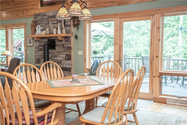 105 Garmon Ave, Webb, NY 13420 - dining area featuring light wood-style floors, plenty of natural light, and a wood stove