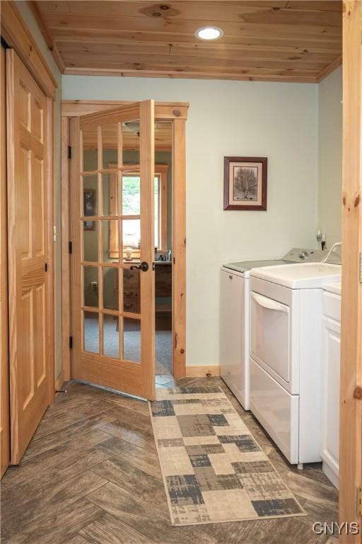 105 Garmon Ave, Webb, NY 13420 - laundry area with wooden ceiling, washing machine and dryer, french doors, and recessed lighting