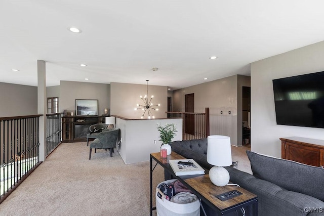 3785 Ransom Rd, Pompey, NY 13078 - living area with light colored carpet, a chandelier, and recessed lighting