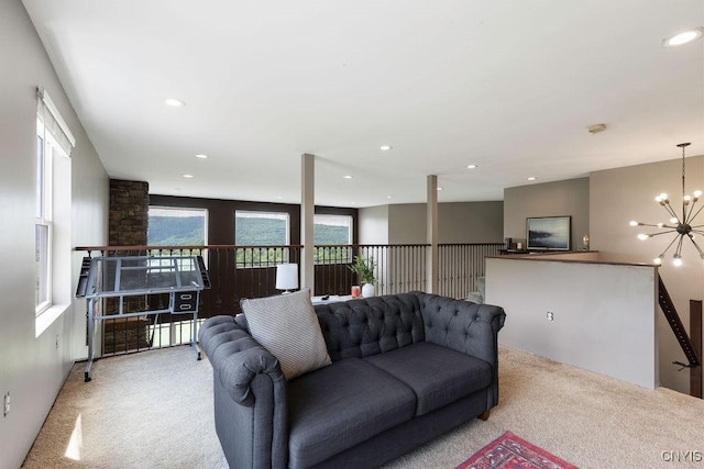 3785 Ransom Rd, Pompey, NY 13078 - carpeted living area with a chandelier and recessed lighting