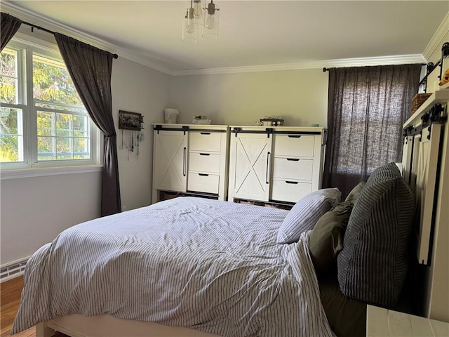 6303 Palmiter Rd, Alfred, NY 14803 - bedroom with a barn door, ornamental molding, and wood finished floors