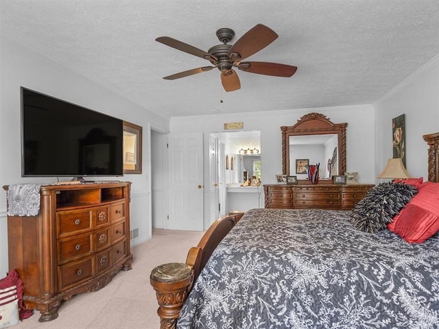 27 Black Spruce Ct, Greece, NY 14616 - carpeted bedroom featuring a textured ceiling, ceiling fan, ornamental molding, and ensuite bathroom