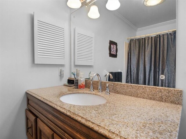 27 Black Spruce Ct, Greece, NY 14616 - bathroom with vanity, crown molding, and a shower with shower curtain