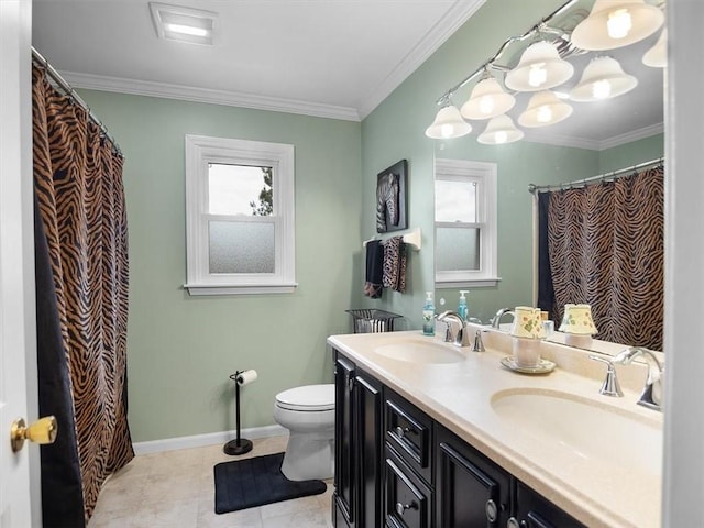 27 Black Spruce Ct, Greece, NY 14616 - full bath featuring double vanity, ornamental molding, a shower with curtain, and tile patterned flooring