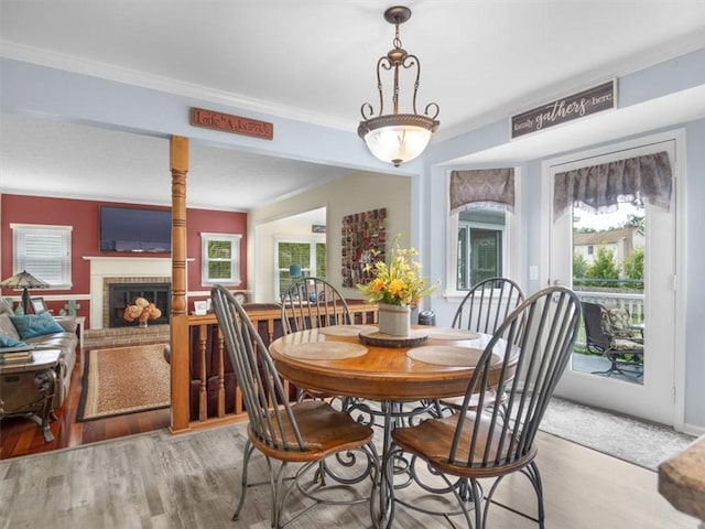 27 Black Spruce Ct, Greece, NY 14616 - dining room featuring a brick fireplace, light wood-type flooring, and crown molding