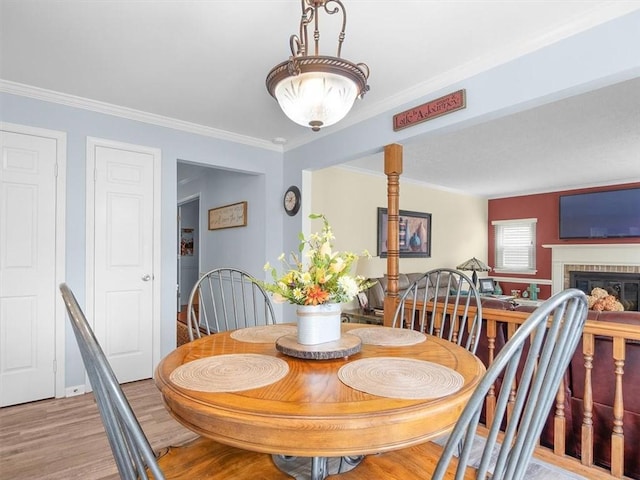 27 Black Spruce Ct, Greece, NY 14616 - dining space with ornamental molding, light wood finished floors, and a fireplace