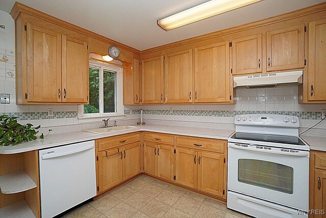 3840 Coomer Rd, Newfane, NY 14108 - kitchen with white appliances, under cabinet range hood, light countertops, backsplash, and open shelves