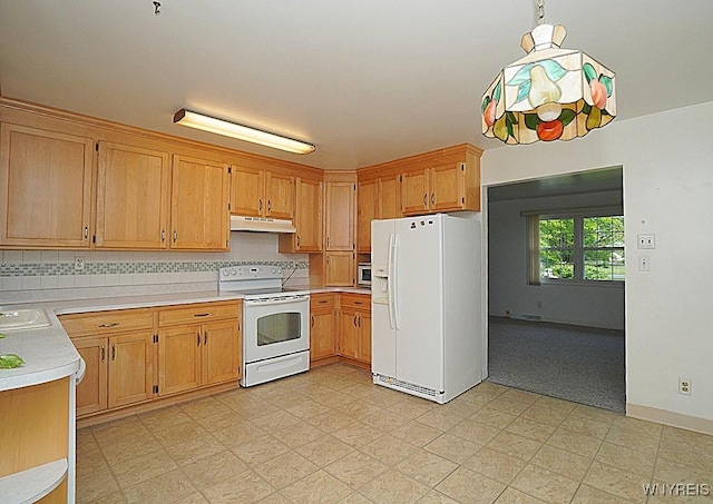 3840 Coomer Rd, Newfane, NY 14108 - kitchen with white appliances, under cabinet range hood, light countertops, light floors, and backsplash