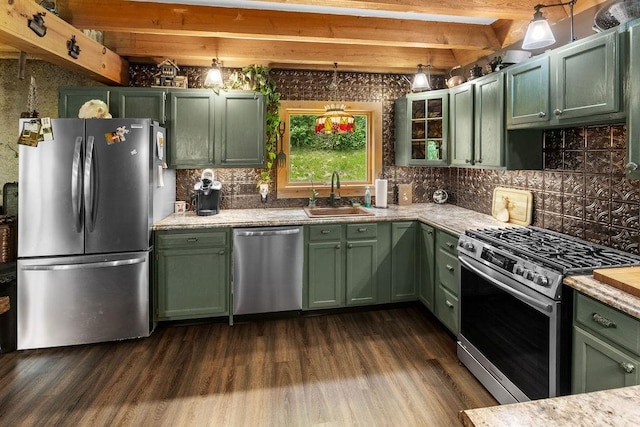 485 Spring Valley Rd, Delhi, NY 13753 - kitchen with green cabinetry, appliances with stainless steel finishes, and dark wood finished floors