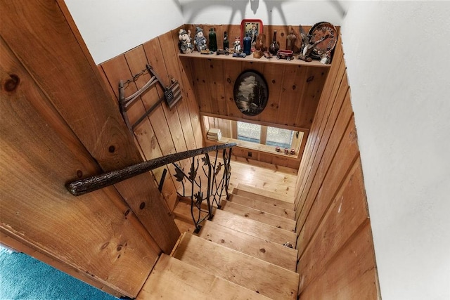 485 Spring Valley Rd, Delhi, NY 13753 - stairway with wood walls and hardwood / wood-style floors
