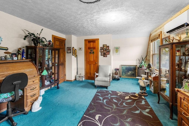 485 Spring Valley Rd, Delhi, NY 13753 - living area with carpet flooring, a wall unit AC, and a textured ceiling