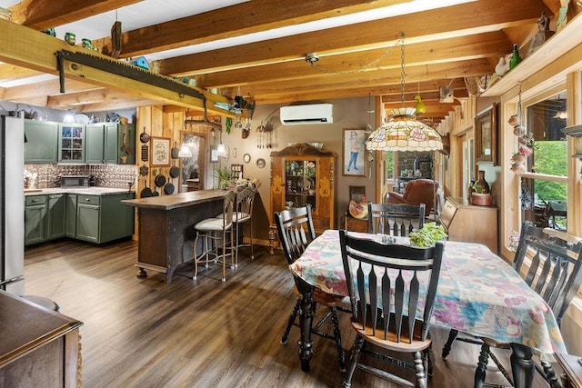 485 Spring Valley Rd, Delhi, NY 13753 - dining area featuring beamed ceiling, dark wood-type flooring, and an AC wall unit