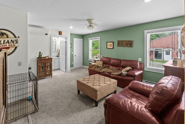 485 Spring Valley Rd, Delhi, NY 13753 - carpeted living room featuring a wall mounted air conditioner, a baseboard radiator, ceiling fan, and recessed lighting