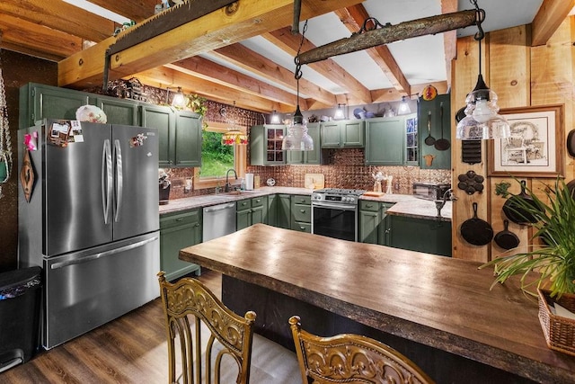 485 Spring Valley Rd, Delhi, NY 13753 - kitchen featuring green cabinets, stainless steel appliances, tasteful backsplash, dark wood-type flooring, and glass insert cabinets