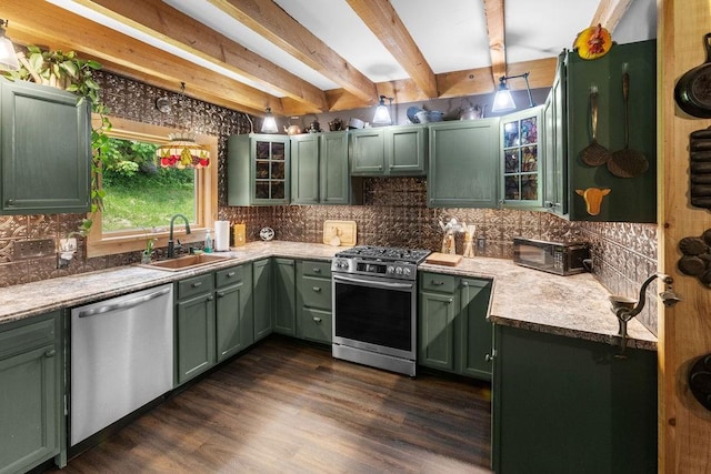 485 Spring Valley Rd, Delhi, NY 13753 - kitchen with green cabinets, appliances with stainless steel finishes, decorative backsplash, beamed ceiling, and dark wood-style flooring