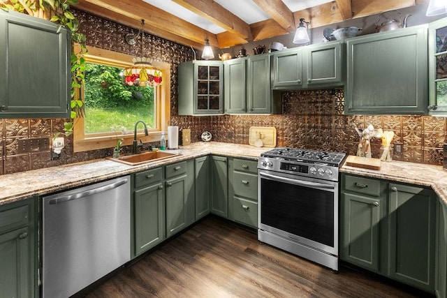 485 Spring Valley Rd, Delhi, NY 13753 - kitchen with green cabinets, appliances with stainless steel finishes, decorative backsplash, dark wood-style flooring, and beam ceiling