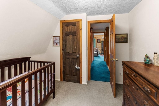 485 Spring Valley Rd, Delhi, NY 13753 - bedroom with light colored carpet, lofted ceiling, and a textured ceiling