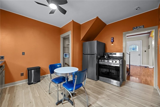 703 N Perry St, Dix, NY 14891 - kitchen with appliances with stainless steel finishes, light wood-style flooring, and a ceiling fan