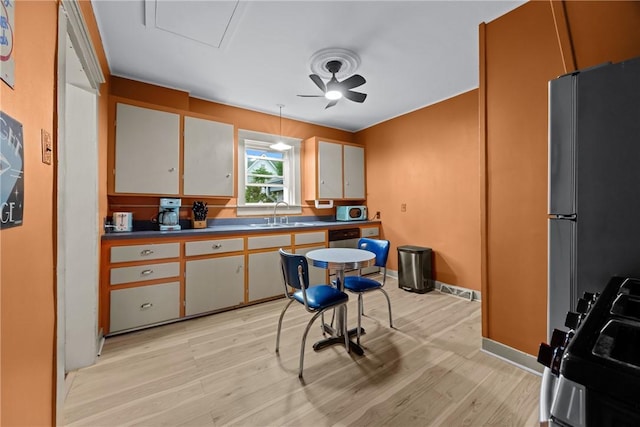 703 N Perry St, Dix, NY 14891 - kitchen featuring appliances with stainless steel finishes, light wood-style floors, and a ceiling fan