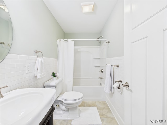 4166 Tisbury Ln, Hamburg, NY 14075 - full bath with tile walls, shower / bathtub combination with curtain, vanity, and a wainscoted wall