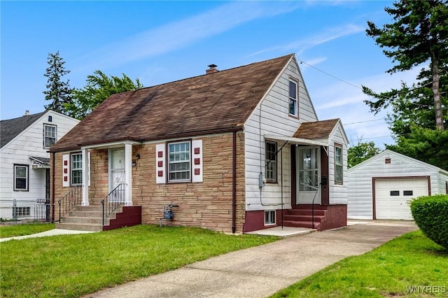 357 Hastings Ave, Buffalo, NY 14215 - view of front of home with an outdoor structure, driveway, roof with shingles, stone siding, and a front yard