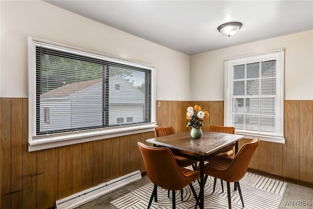 357 Hastings Ave, Buffalo, NY 14215 - dining room featuring a baseboard radiator, wainscoting, and wooden walls