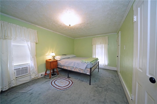 204 E High St, Erwin, NY 14870 - bedroom featuring carpet floors, a textured ceiling, crown molding, and cooling unit