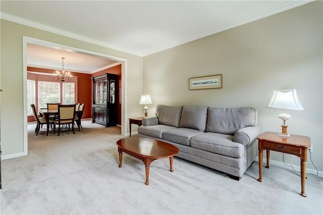 74 Chadwick Mnr, Perinton, NY 14450 - carpeted living room featuring a chandelier and ornamental molding