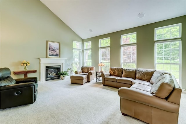 74 Chadwick Mnr, Perinton, NY 14450 - carpeted living area featuring high vaulted ceiling and a glass covered fireplace