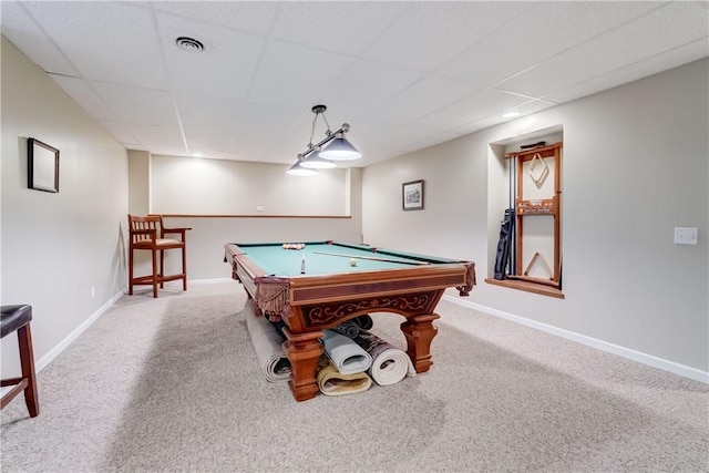 74 Chadwick Mnr, Perinton, NY 14450 - rec room with billiards, carpet flooring, and a drop ceiling